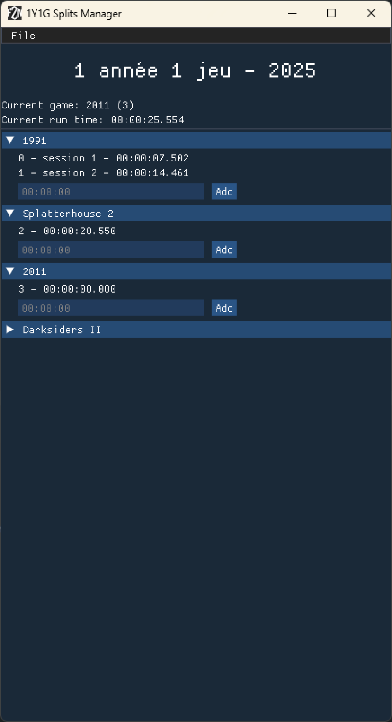 The first version of the splits manager displaying a few games and sessions