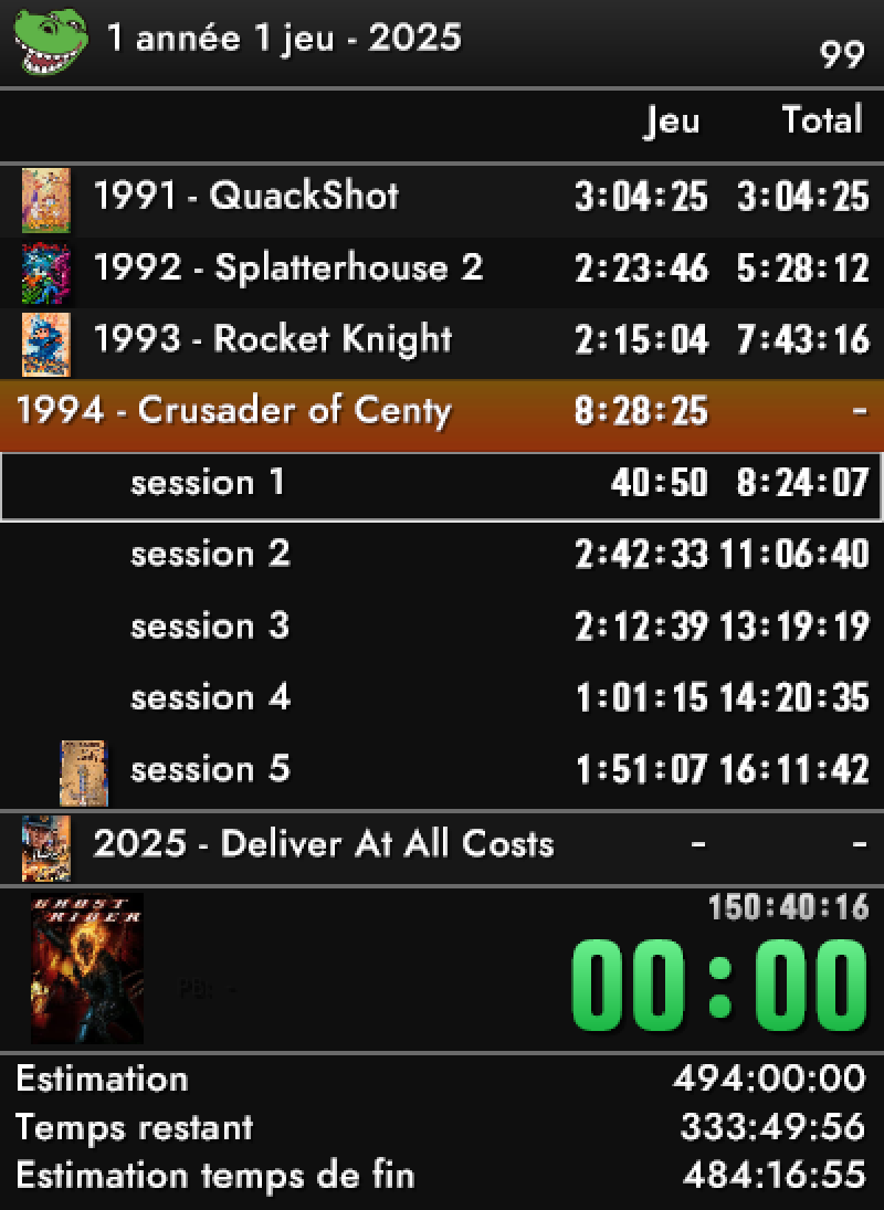 A view of my games times and session times in LiveSplit