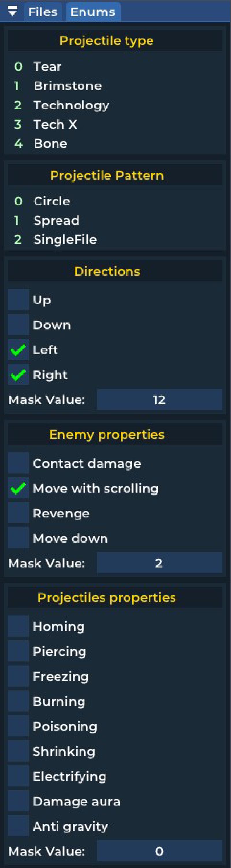 The enums used in the project
