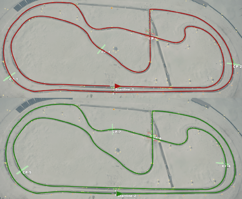 Karlstad circuit viewed from above with each player racing line highlighted
