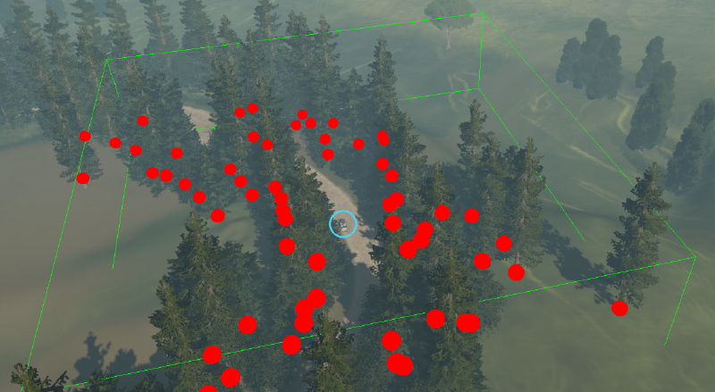 An in-game aerial view of a forest section in a race were detected trees are marked with a red debug sphere. A green wireframed cube represents the detection zone.